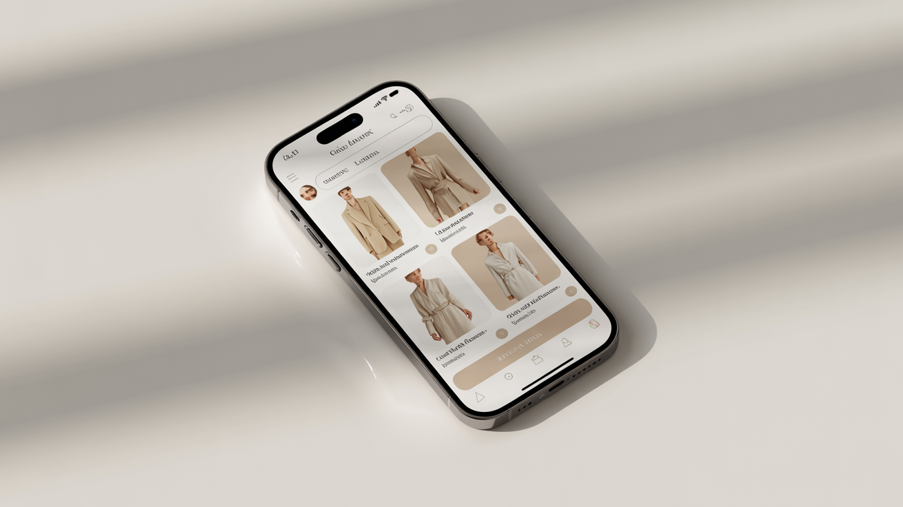 Professional fashion catalog displayed on a modern smartphone showing elegant clothing in a grid layout